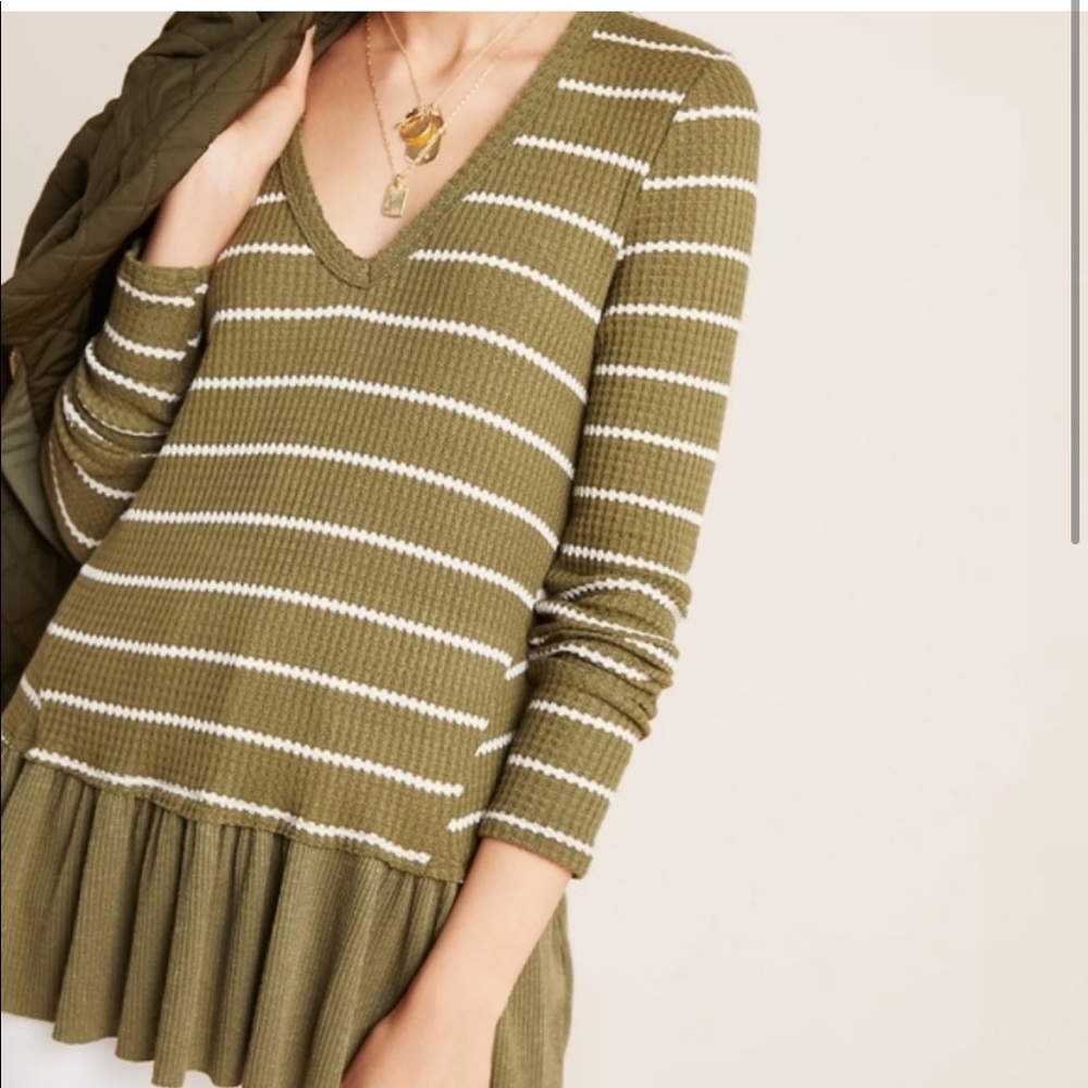 NWT Eri + Ali for Anthropologie Waffle Long Sleeve Ruffle V-Neck